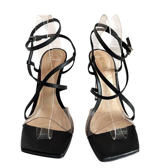 New SCHUTZ Aisha Black Square Toe Transparent Strap High  Schutz Aisha Square Toe Transparent Strap Strappy Heel Size 10B Black Leather